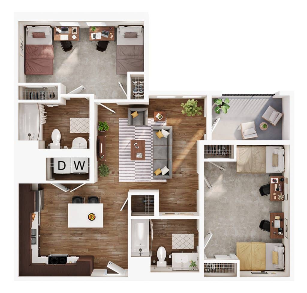 A 3D image of the 2BR/2BA – B1 floorplan, a 1029 squarefoot, 2 bed / 2 bath unit