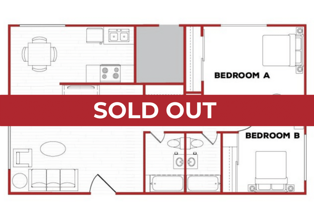 A 3D image of the 2BR/2BA – D Phase 2 floorplan, a 900 squarefoot, 2 bed / 2 bath unit