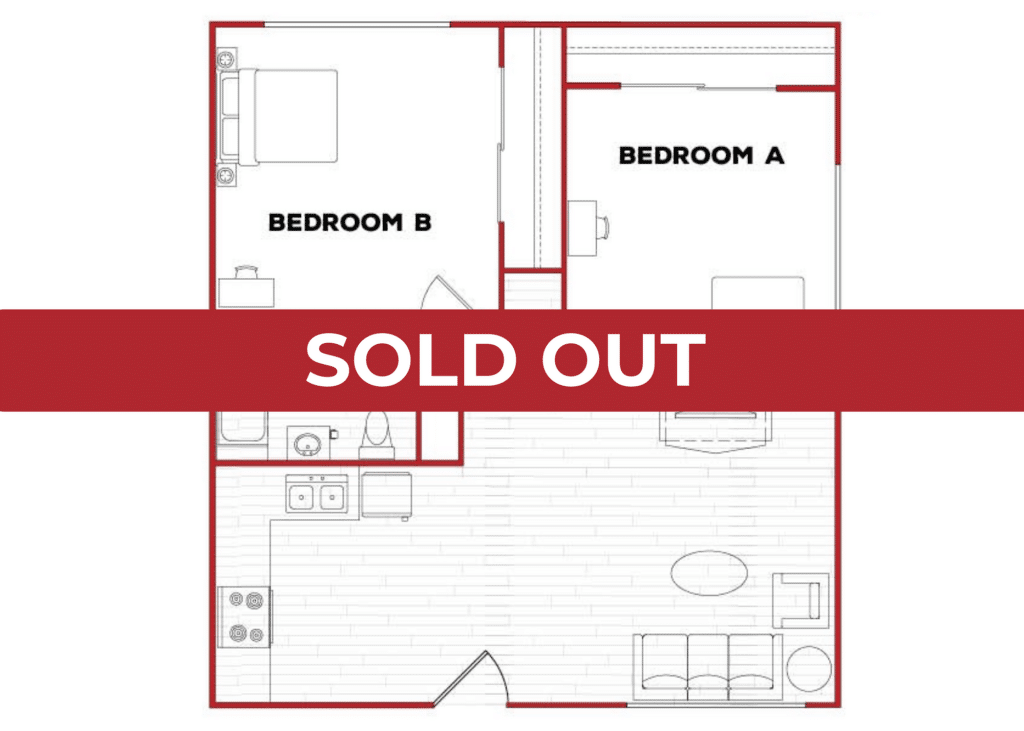 A 3D image of the 2BR/1BA – D Phase 3 floorplan, a 775 squarefoot, 2 bed / 1 bath unit