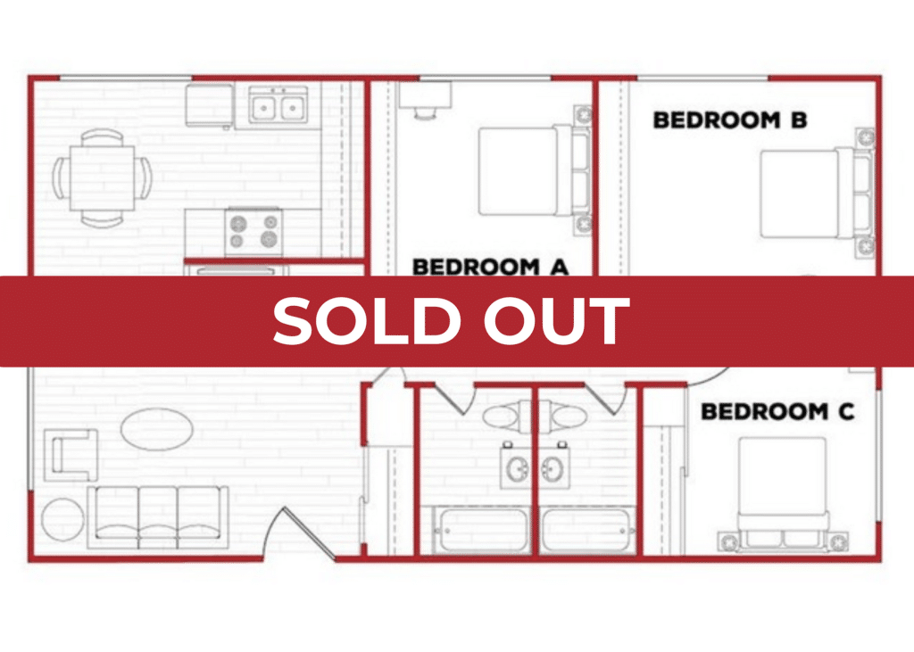 A 3D image of the 3BR/2BA – U Phase 3 floorplan, a 950 squarefoot, 3 bed / 2 bath unit