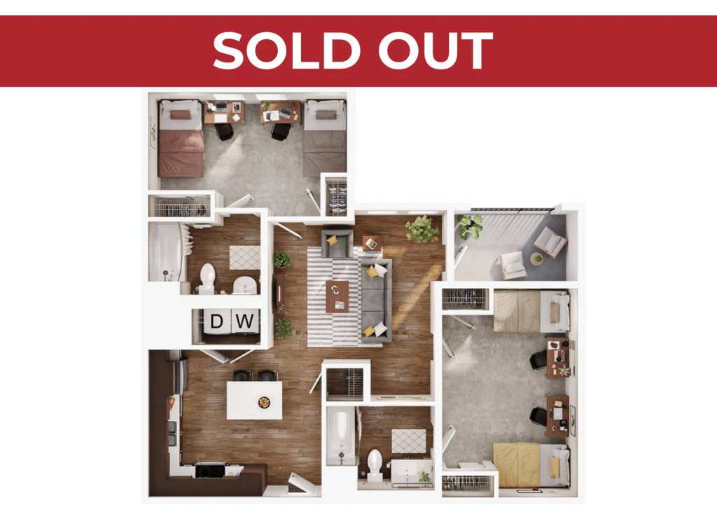 A 3D image of the 2BR/2BA – B1 floorplan, a 1029 squarefoot, 2 bed / 2 bath unit