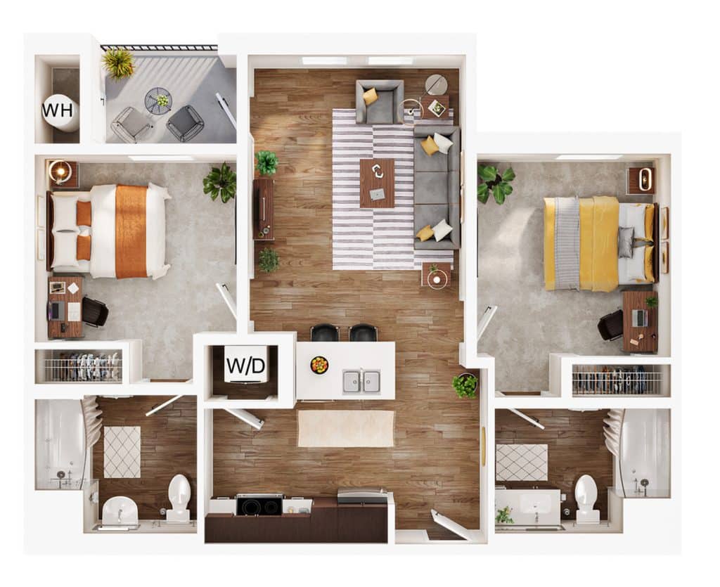 A 3D image of the 2BR/2BA – B2 floorplan, a 879 squarefoot, 2 bed / 2 bath unit