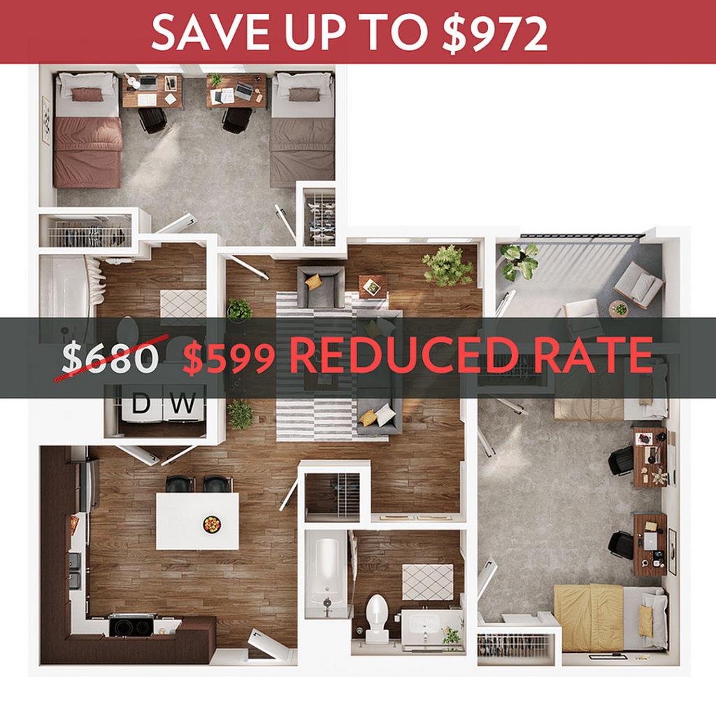 A 3D image of the 2BR/2BA – B1 floorplan, a 1029 squarefoot, 2 bed / 2 bath unit