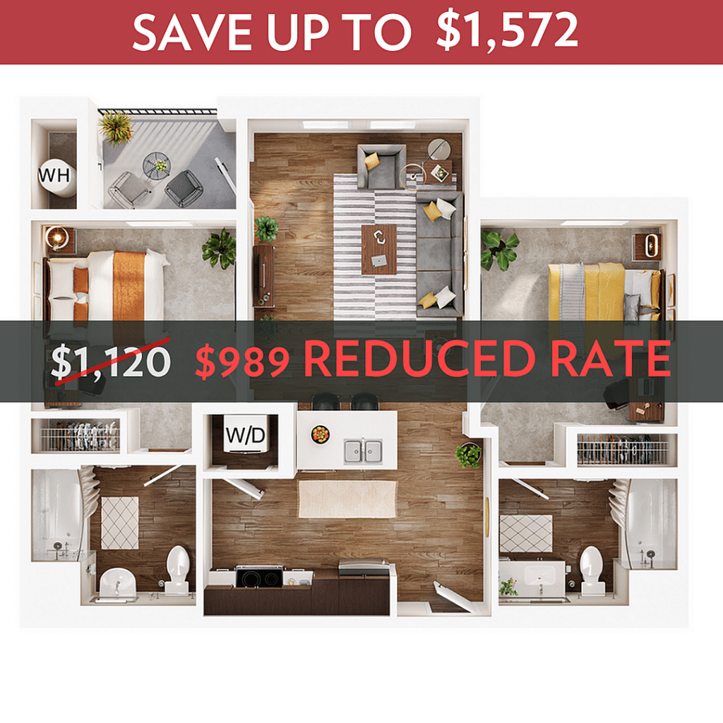 A 3D image of the 2BR/2BA – B2 floorplan, a 879 squarefoot, 2 bed / 2 bath unit