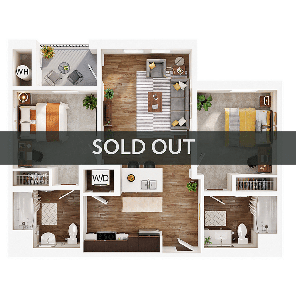 A 3D image of the 2BR/2BA – B2 floorplan, a 879 squarefoot, 2 bed / 2 bath unit