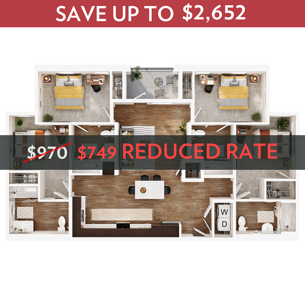 A 3D image of the 4BR/4BA – D1 floorplan, a 1461 squarefoot, 4 bed / 4 bath unit