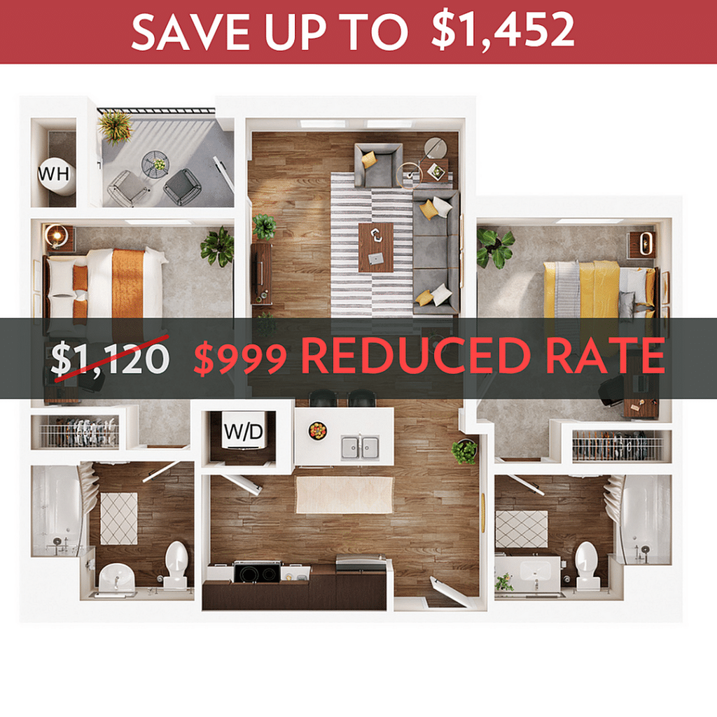 A 3D image of the 2BR/2BA – B2 floorplan, a 879 squarefoot, 2 bed / 2 bath unit