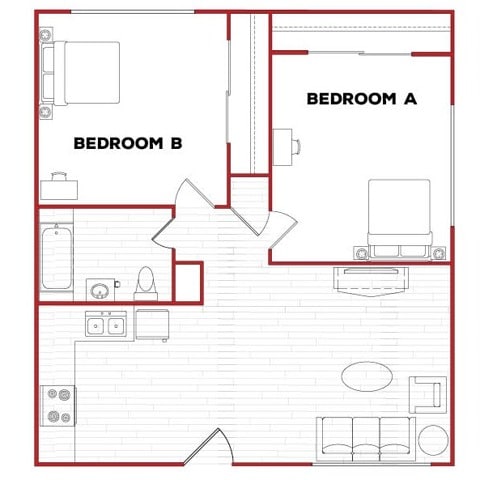 A 3D image of the 2BR/1BA – D Phase 2 floorplan, a 775 squarefoot, 2 bed / 1 bath unit