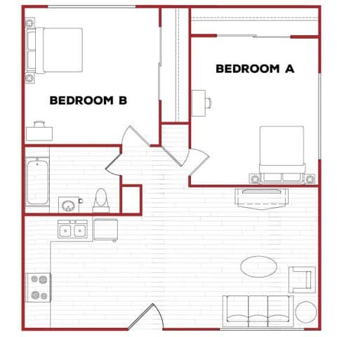 A 3D image of the 2BR/1BA – U Phase 2 floorplan, a 775 squarefoot, 2 bed / 1 bath unit