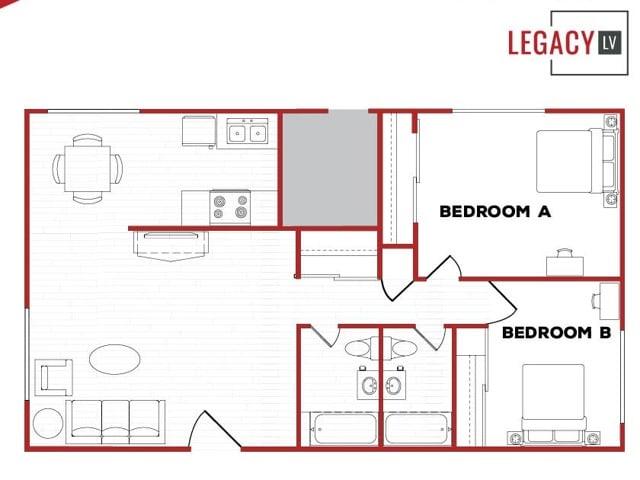 A 3D image of the 2BR/2BA – D Phase 2 floorplan, a 900 squarefoot, 2 bed / 2 bath unit