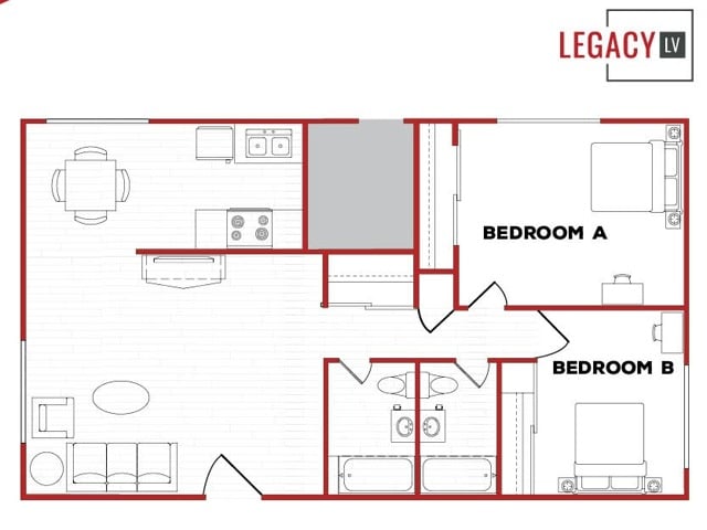 A 3D image of the 2BR/2BA – D Phase 3 floorplan, a 900 squarefoot, 2 bed / 2 bath unit