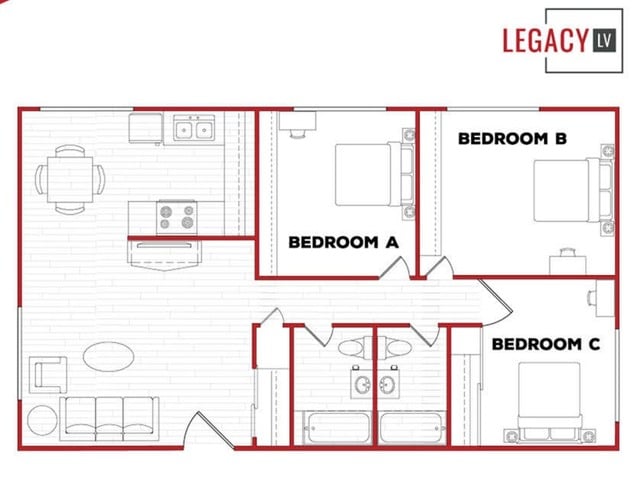 A 3D image of the 3BR/2BA – U Phase 2 floorplan, a 950 squarefoot, 3 bed / 2 bath unit