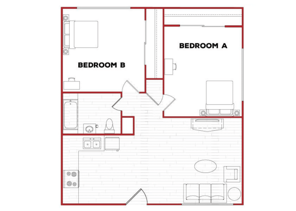 A 3D image of the 2BR/1BR – U Phase 3 floorplan, a 775 squarefoot, 2 bed / 1 bath unit