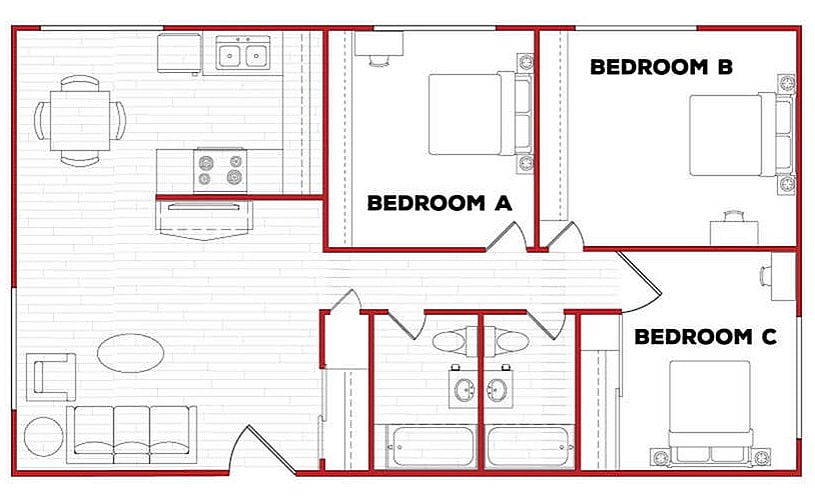 A 3D image of the 3BR/2BA – U Phase 3 floorplan, a 950 squarefoot, 3 bed / 2 bath unit