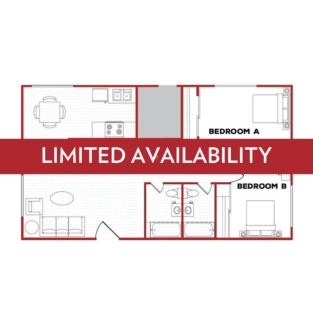 A 3D image of the 2BR/2BA – D Phase 2 floorplan, a 900 squarefoot, 2 bed / 2 bath unit