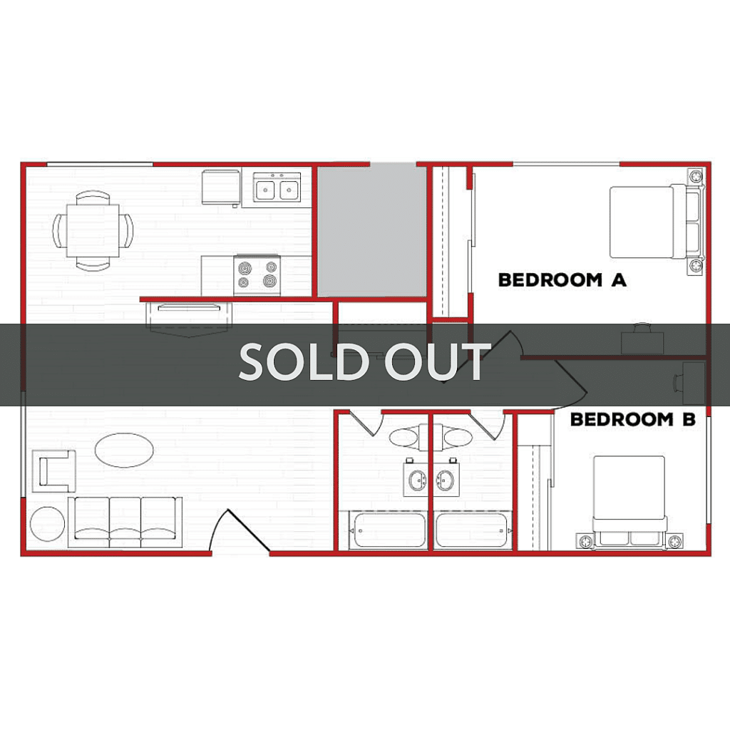A 3D image of the 2BR/2BA – D Phase 2 floorplan, a 900 squarefoot, 2 bed / 2 bath unit