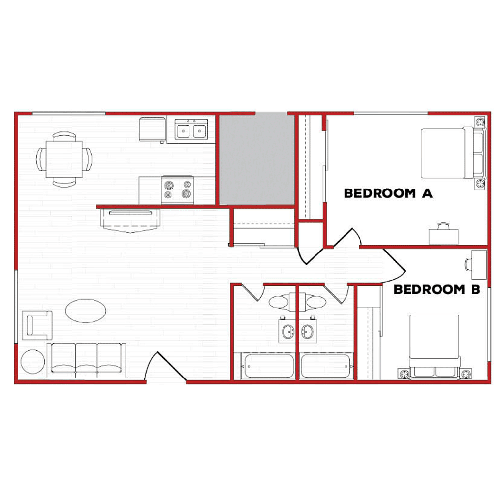 A 3D image of the 2BR/2BA – D Phase 2 floorplan, a 900 squarefoot, 2 bed / 2 bath unit
